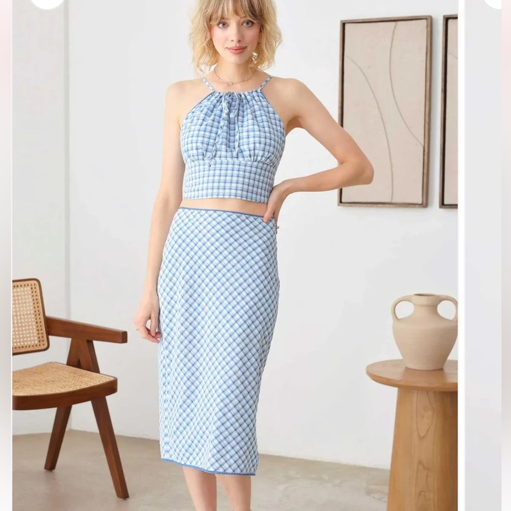 Le Lis Blue and White Checkered Skirt Set